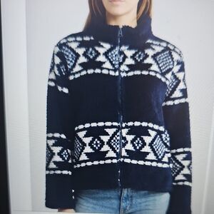 NWT Lucky Brand Geo Print Faux Fur Zip Teddy Jacket Large. Navy/Ivory